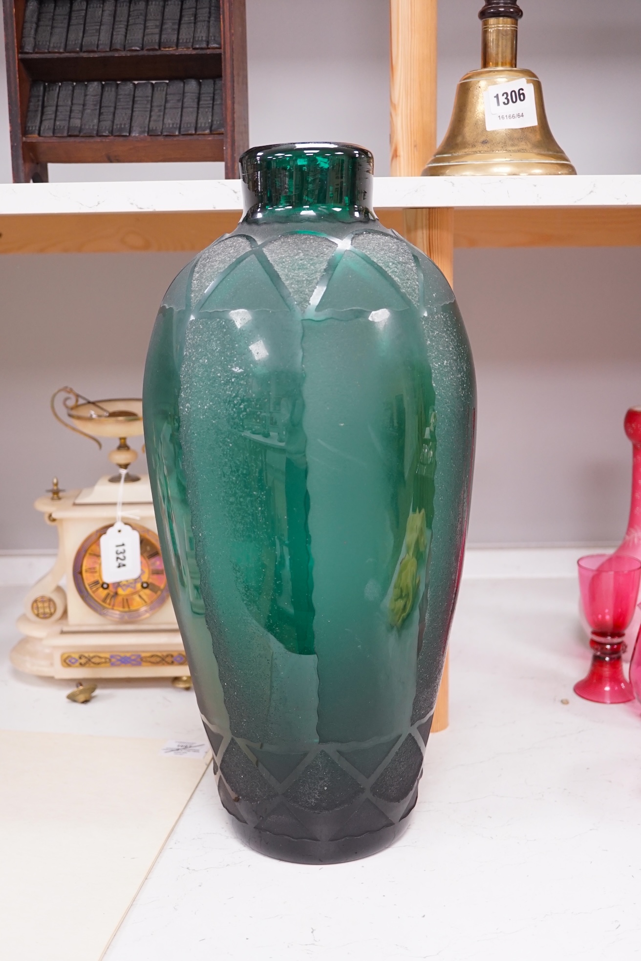 A French Art Deco etched green glass vase by Verart, 49cm high. Condition - good.